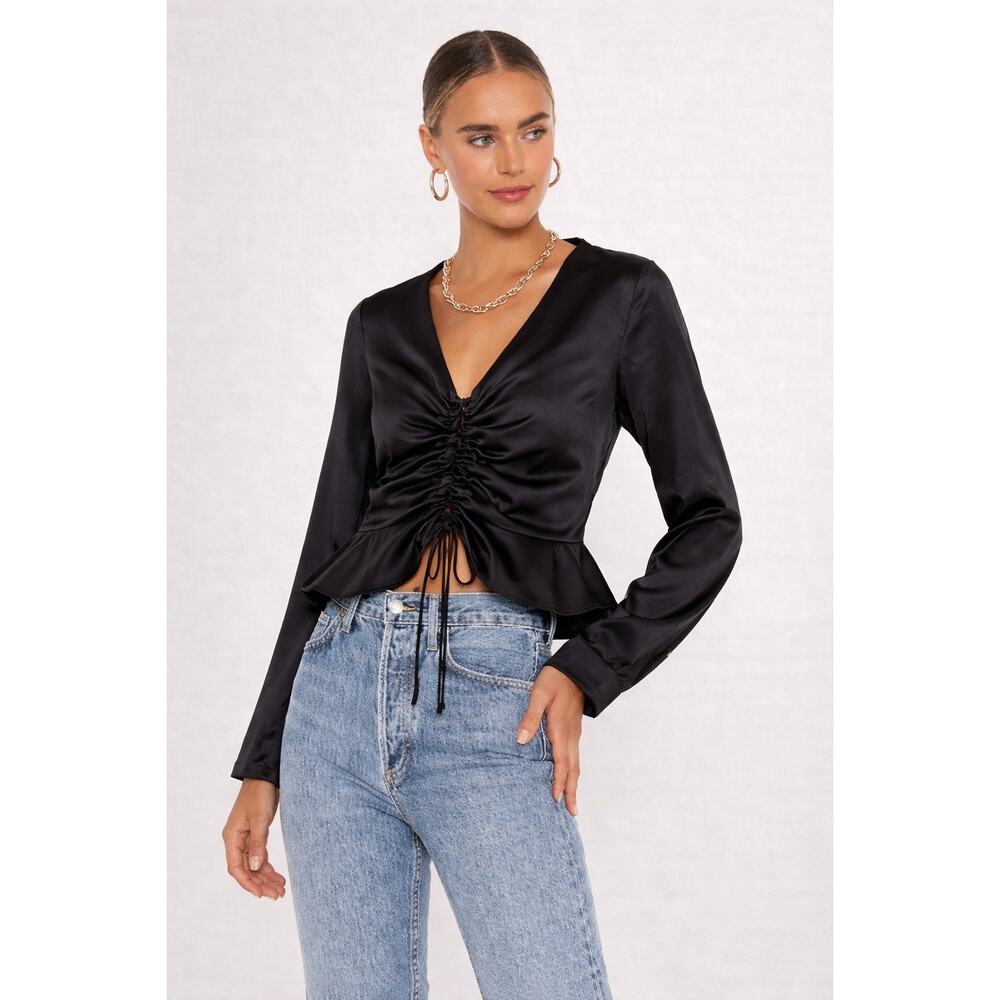 L’academie Satin Black Long Sleeve Peplum Blouse Top XXS Cropped Fancy Shirt